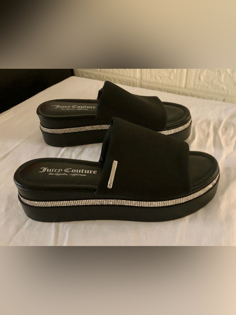 Juicy Couture Black Rhinestone Platform Slide Sandals Size 8 (Fits 7.5-8)
